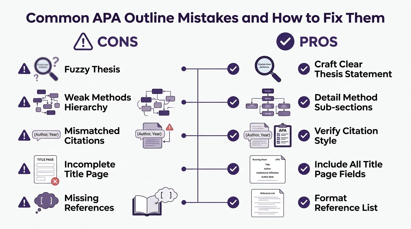 A comparison chart showing common APA research paper outline mistakes versus the correct formatting solutions.