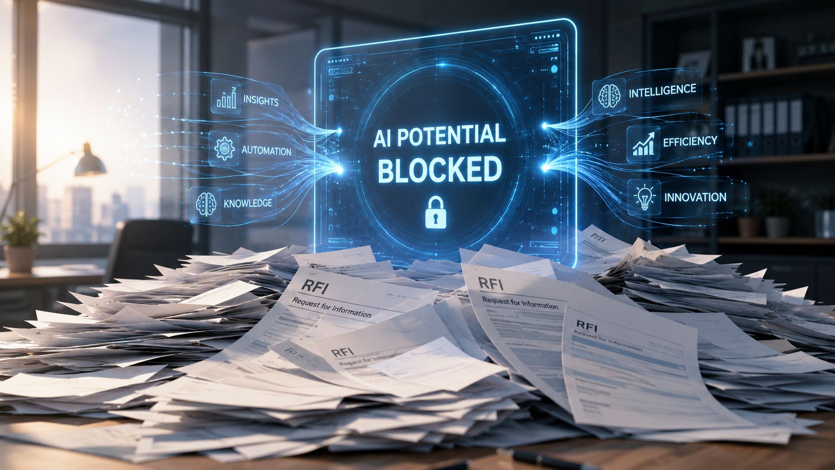 A digital graphic showing AI potential blocked by an overwhelming pile of paperwork titled Request for Information.