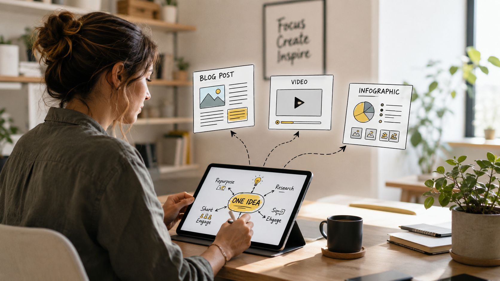 A woman working on a tablet showing a mind map of content strategy, repurposing one idea into multiple formats.
