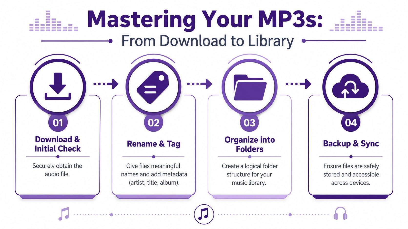 A four-step infographic showing the process of downloading, tagging, organizing, and backing up MP3 music files.