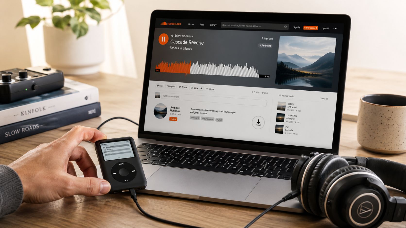 A person holding a digital music player connected to a laptop showing the SoundCloud website interface.