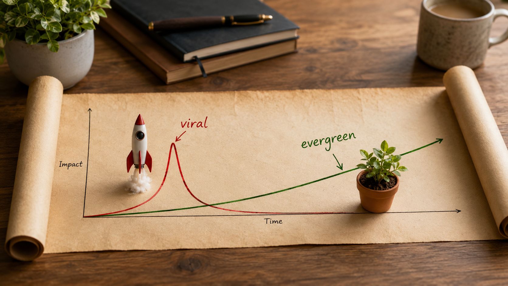 A graph on parchment paper comparing a rapid viral rocket launch spike to steady evergreen growth.
