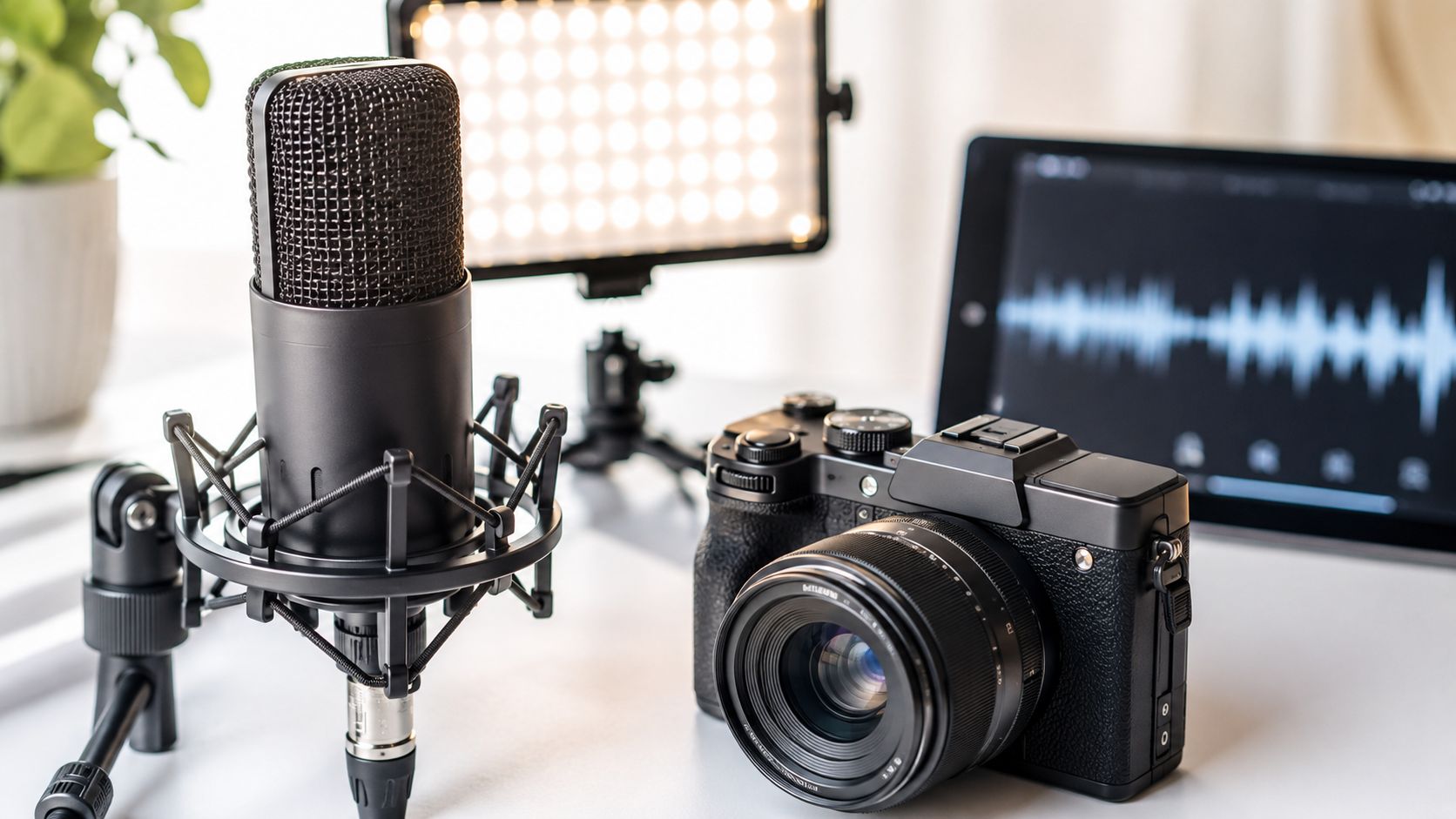 A professional podcast setup featuring a condenser microphone, digital camera, and a lighting panel on a table.