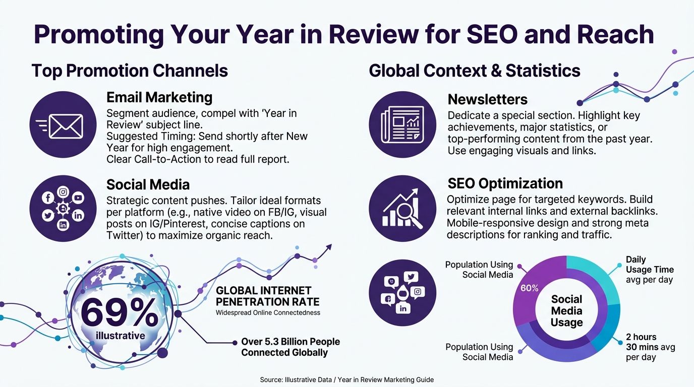 An infographic titled Promoting Your Year in Review for SEO and Reach with marketing tips and statistics.