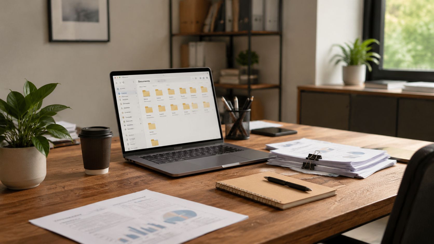 A clean office desk with a laptop displaying documents, a notebook, coffee, and paperwork.