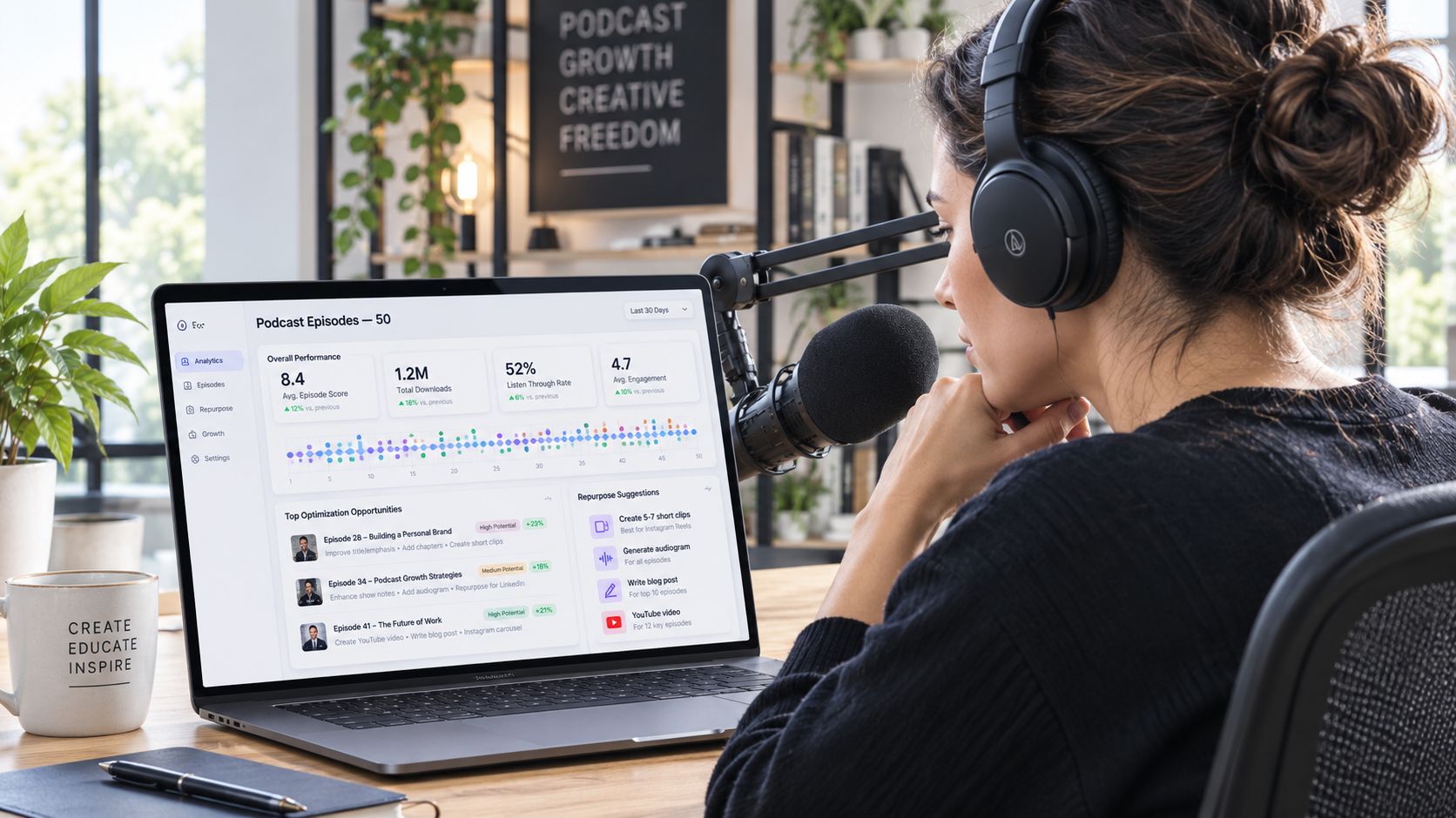 A woman wearing headphones using a laptop to manage podcast analytics and optimization on a dashboard.