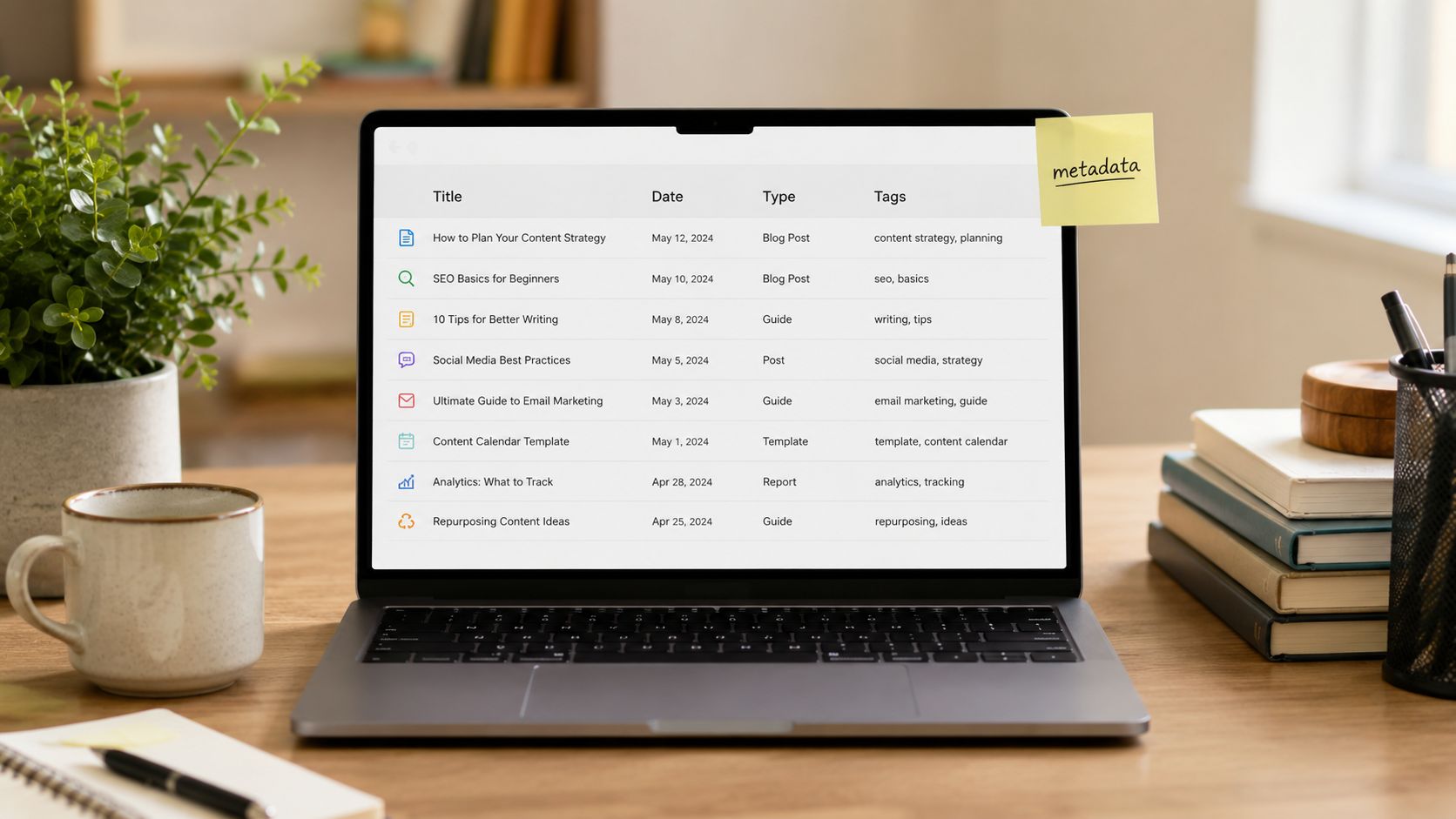 A modern laptop on a wooden desk displaying a content planning table with various blog titles.