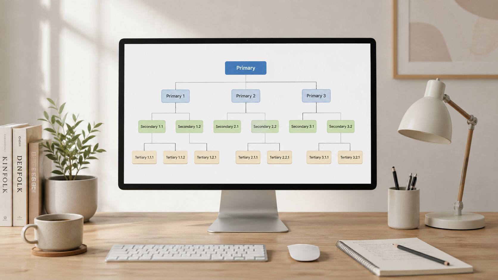 A desktop computer displays an organizational chart on its screen, illustrating a hierarchical structure of business data.