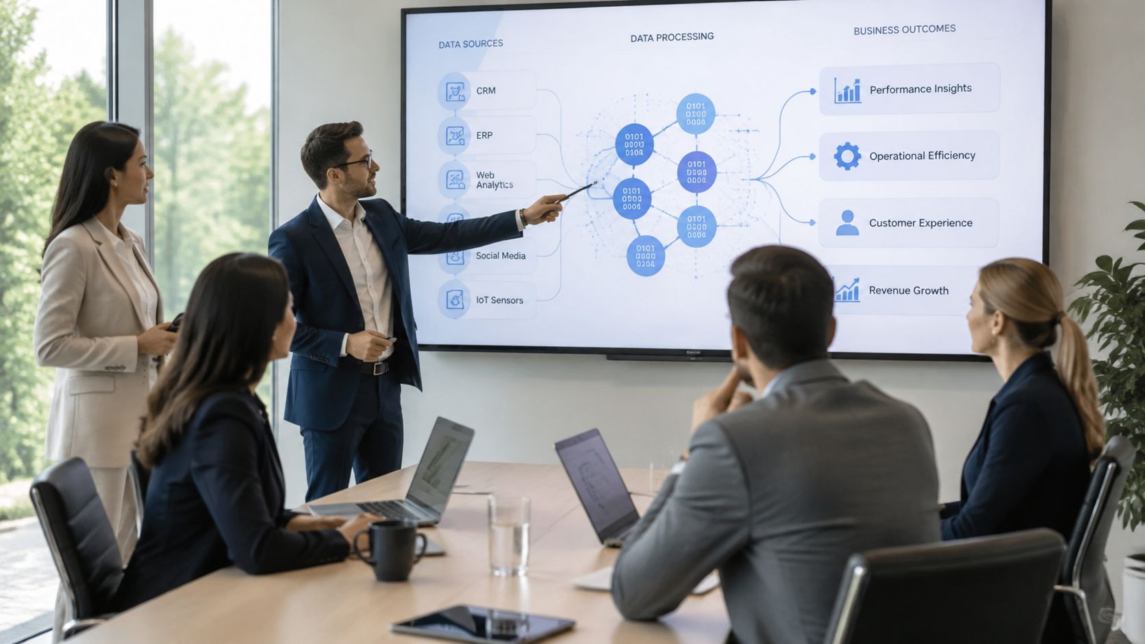 A professional business meeting where a man in a suit presents data processing analytics on a screen.