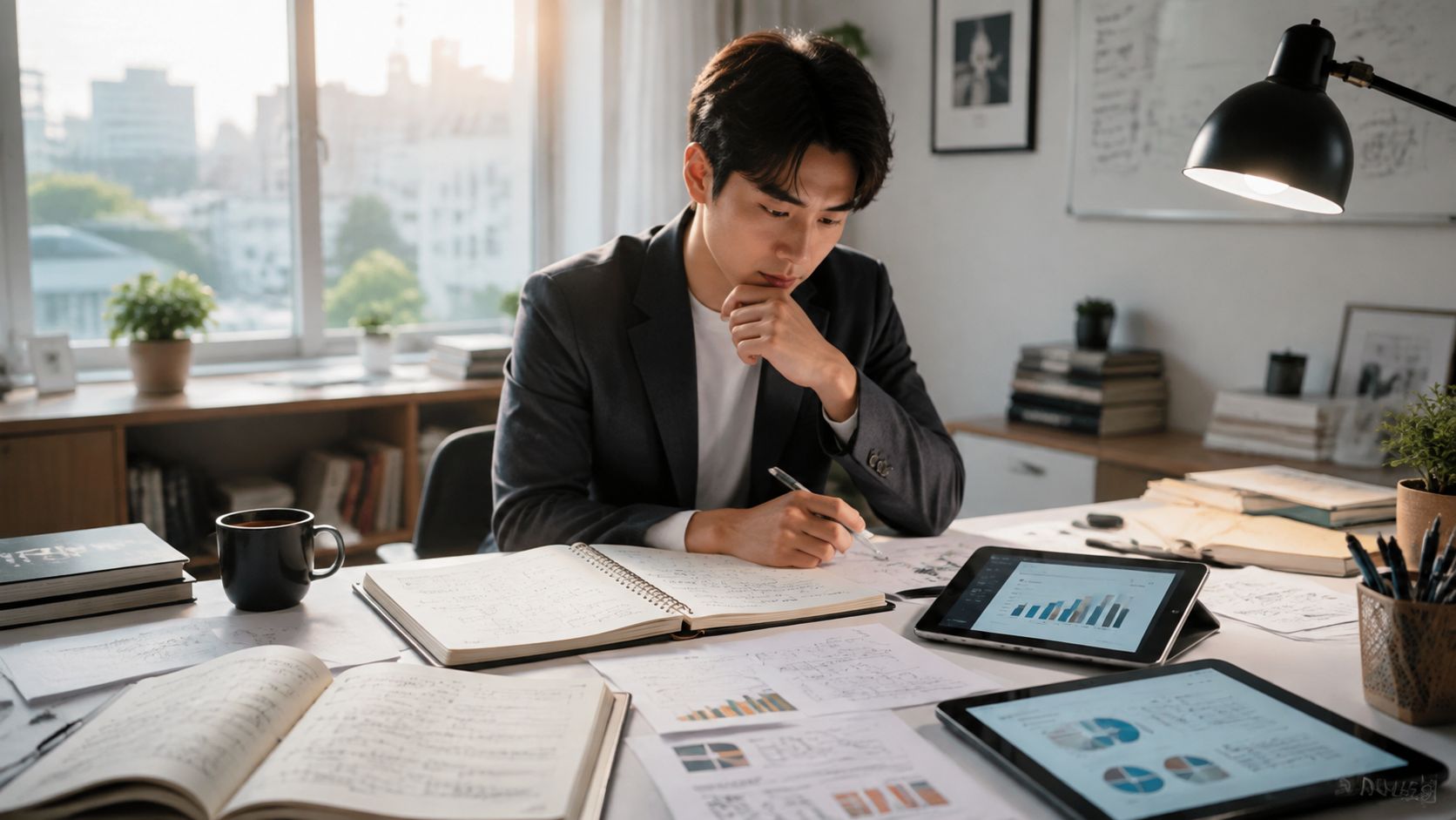A professional man sitting at a desk reviewing financial data charts on tablets and paper documents.
