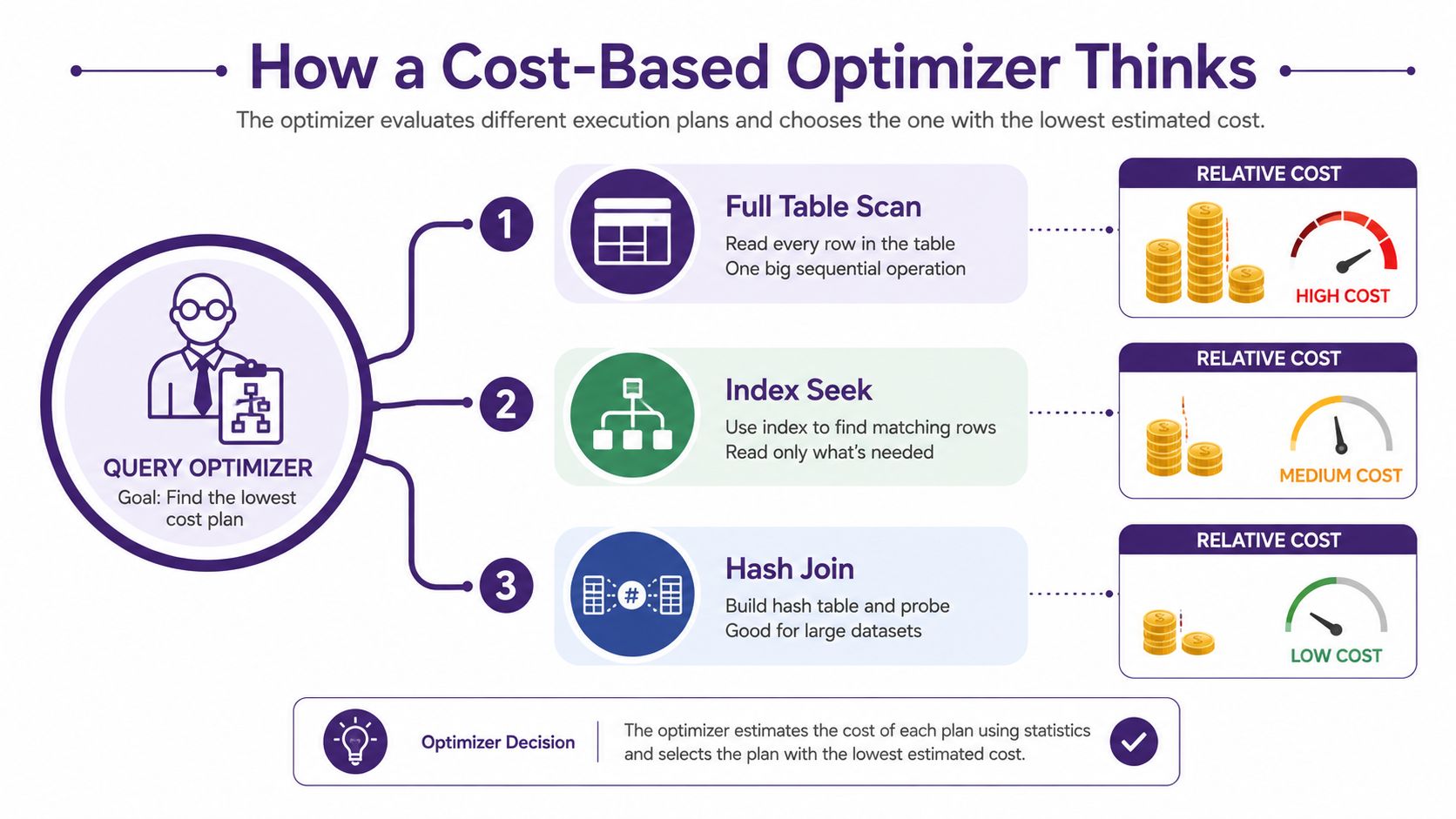 A diagram illustrating how a database cost-based optimizer evaluates query plans like table scans and joins.