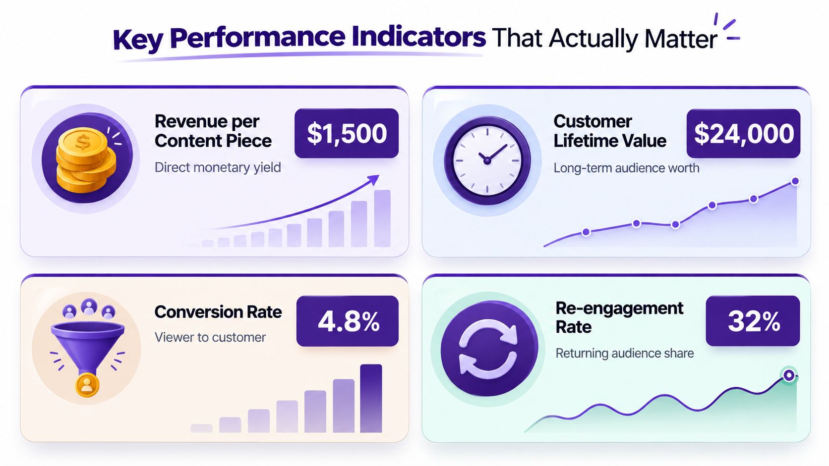 A digital infographic highlighting four key performance indicators for business marketing success with their respective values.