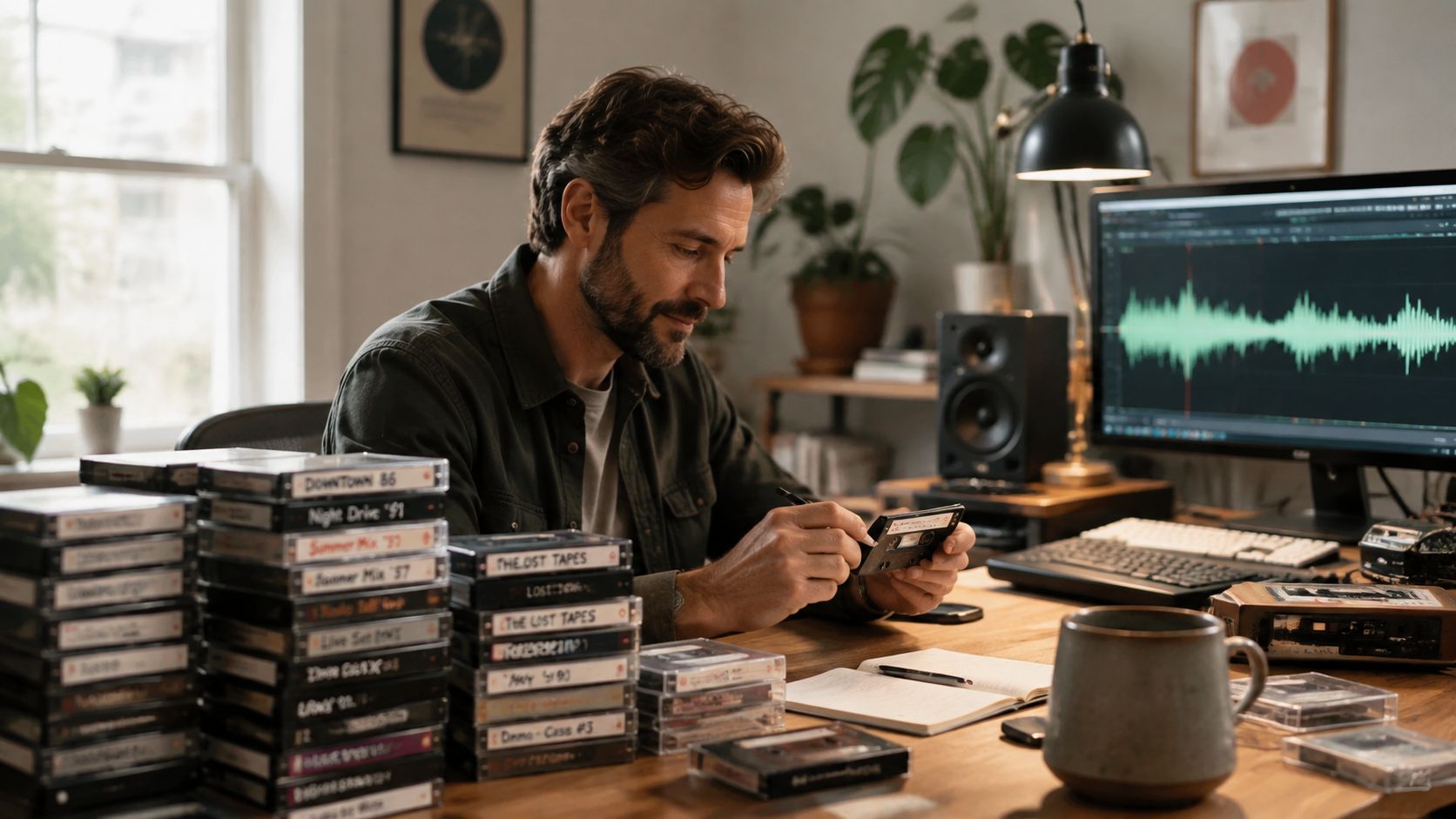 A man with a beard sits at a wooden desk editing audio cassettes in his home studio.