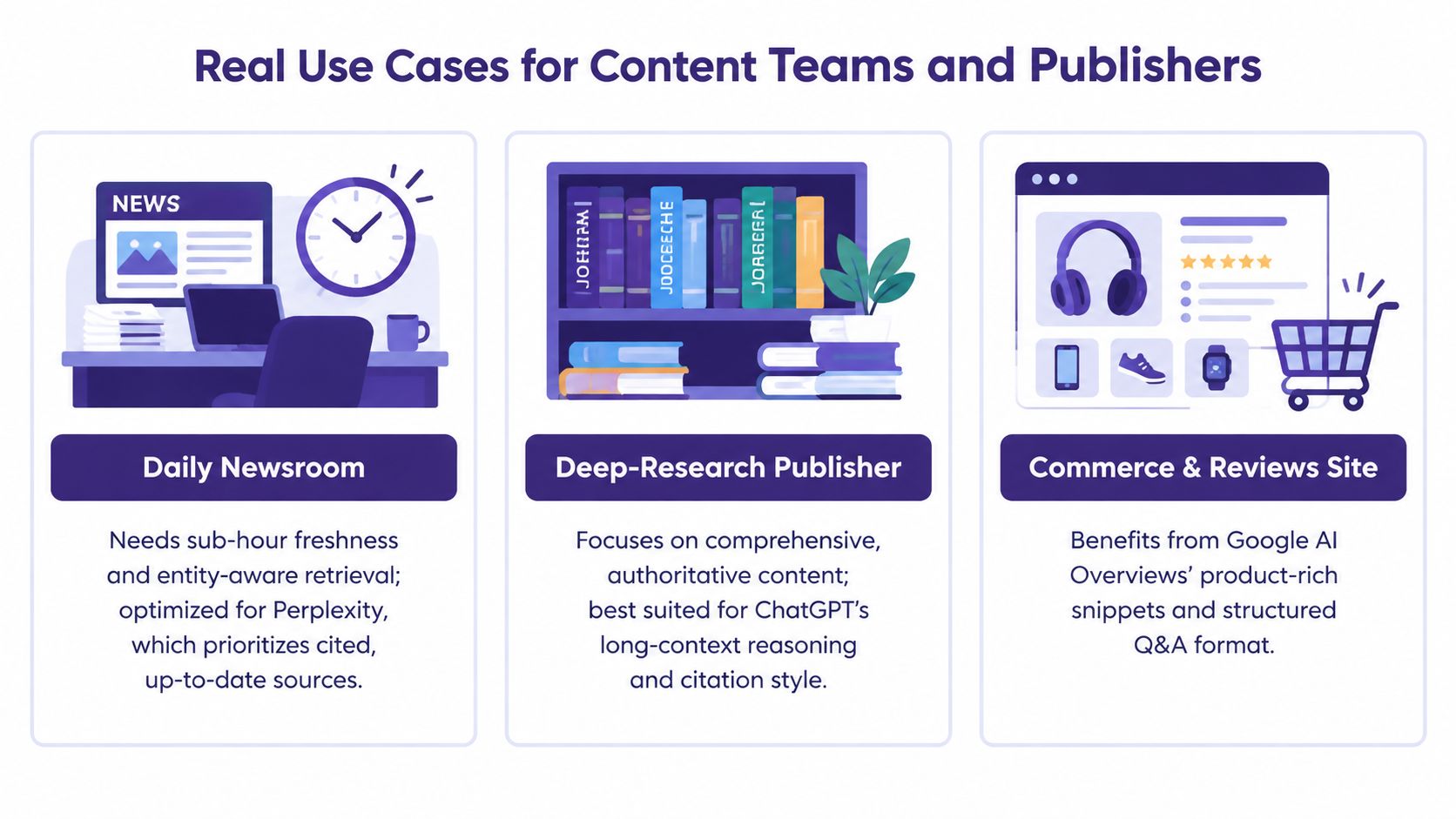 An infographic showing three use cases for AI search platforms: daily newsrooms, deep-research publishers, and commerce sites.