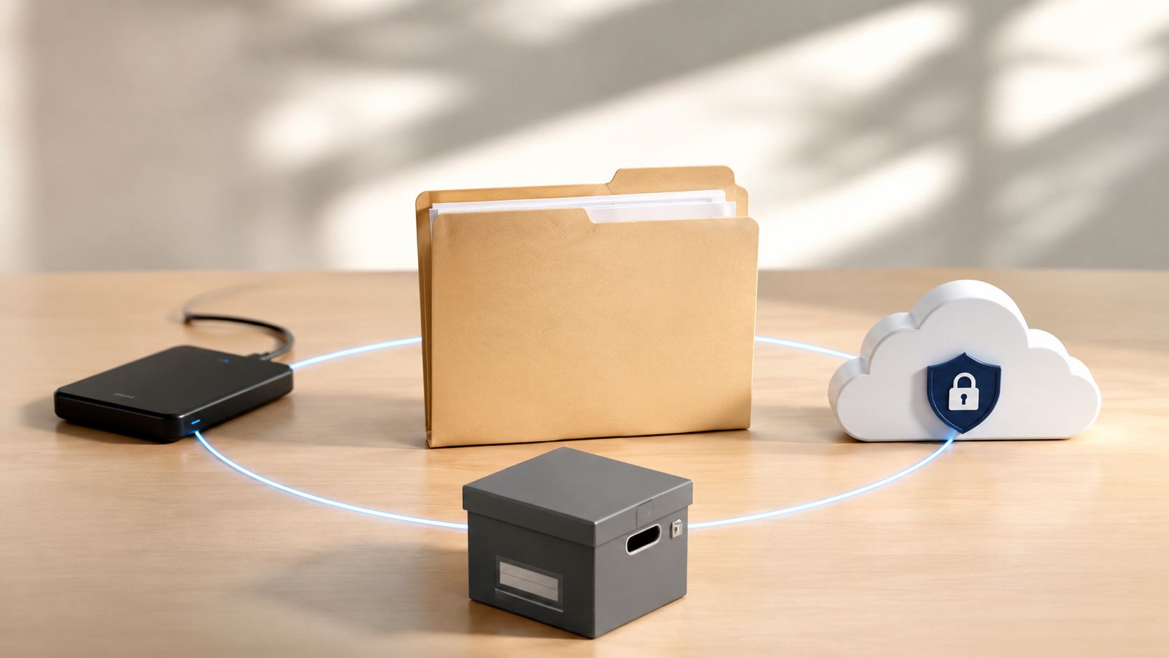 An image illustrating data storage options including a digital hard drive, a physical file folder, and cloud storage.