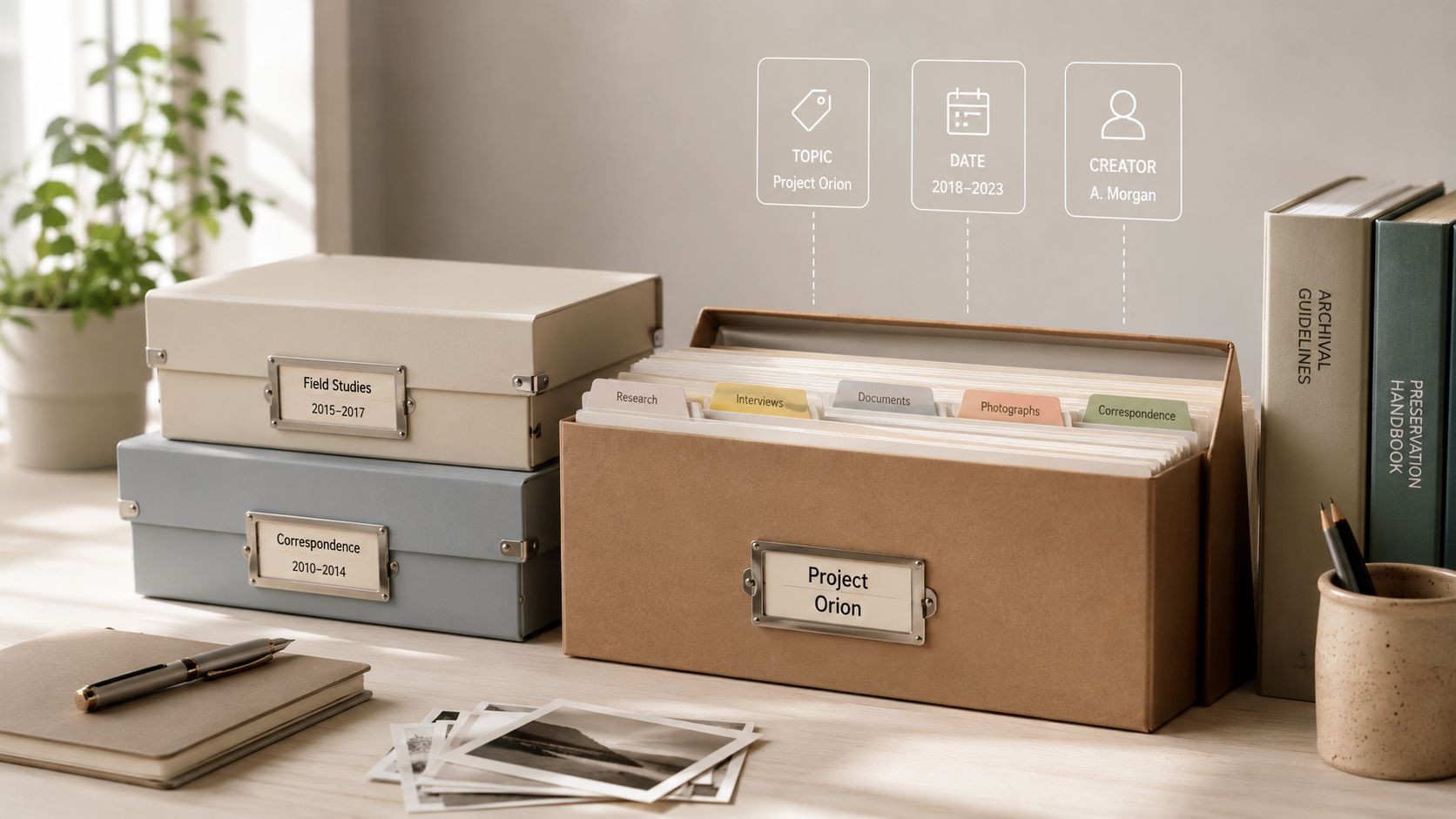 An organized desk with cardboard filing boxes labeled for project archives and a notebook with photographs.