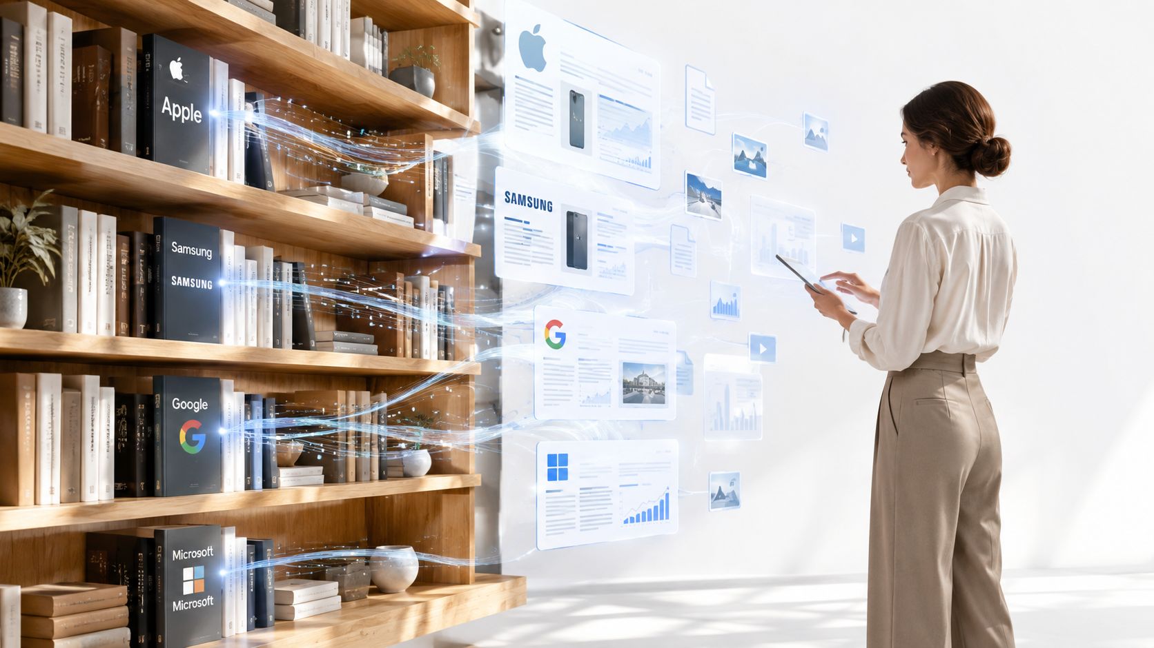 A woman uses a tablet to interact with virtual projections of brand data linked to library books.