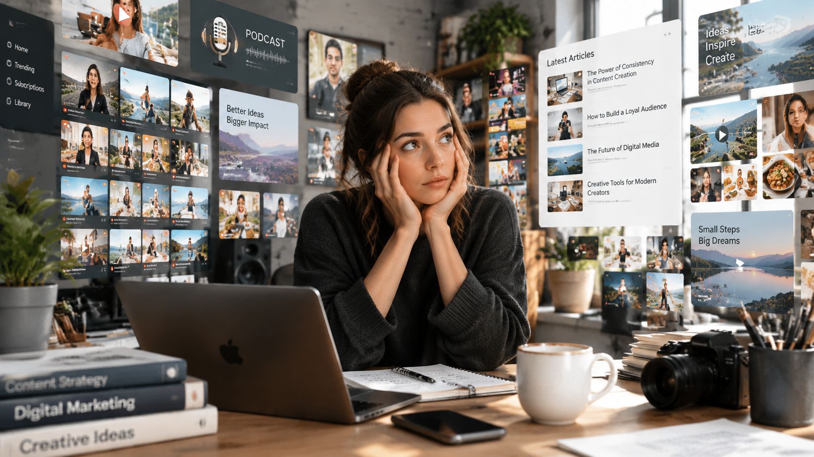 A pensive woman sits at a wooden desk with a laptop surrounded by digital screens showing media content.