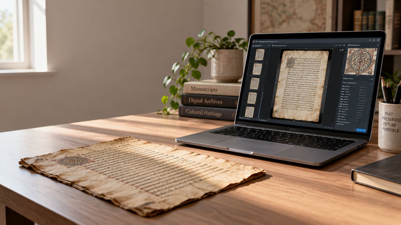 A modern laptop displaying scanned ancient manuscripts next to an original parchment document on a wooden desk.