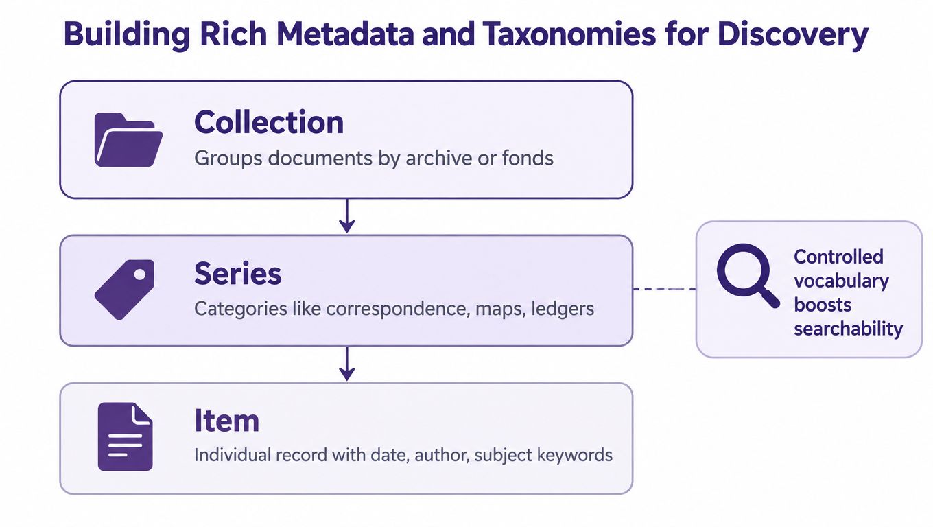 A diagram illustrating a hierarchical archival structure including collection, series, and item metadata levels for discovery.