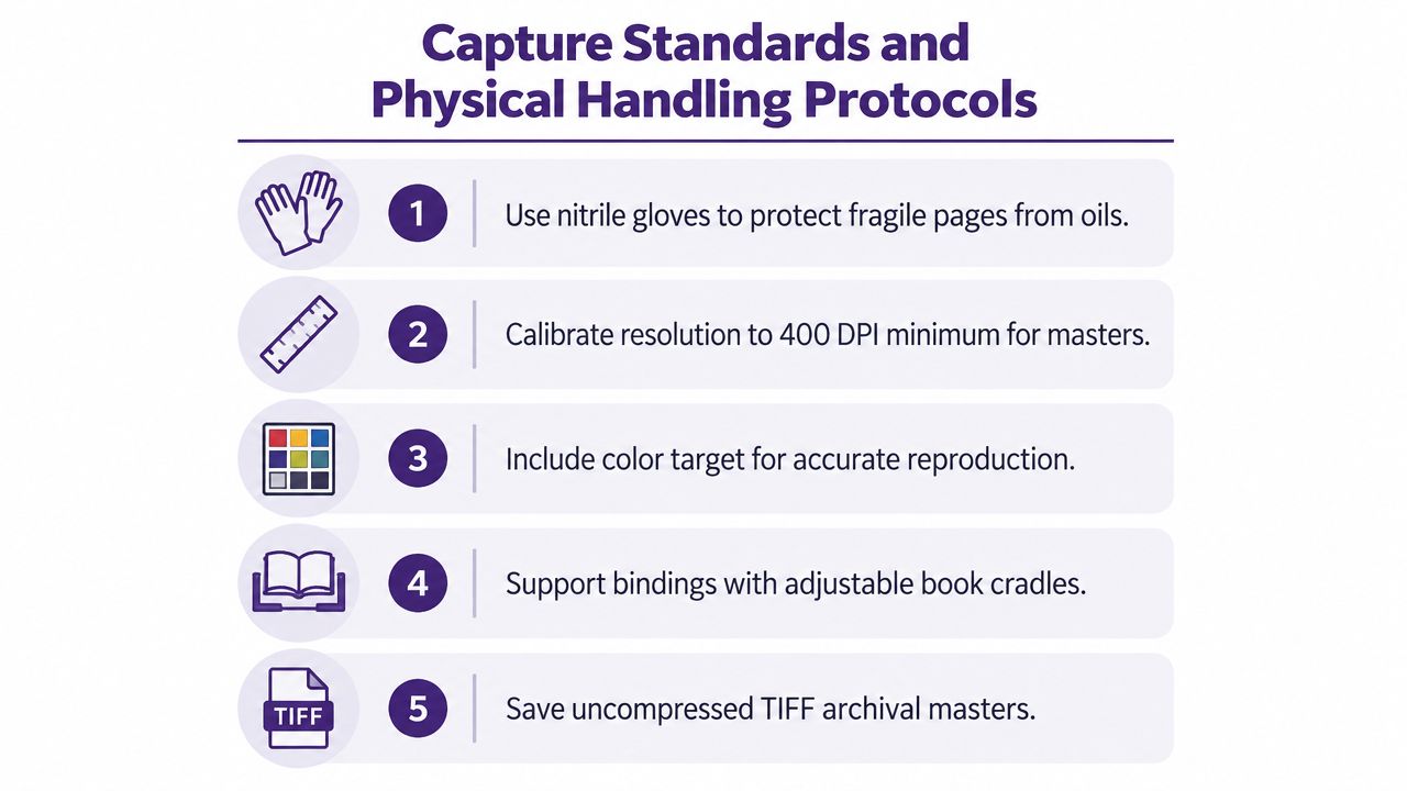A five-step guide outlining best practices for the digitization of historical documents, including handling and file settings.
