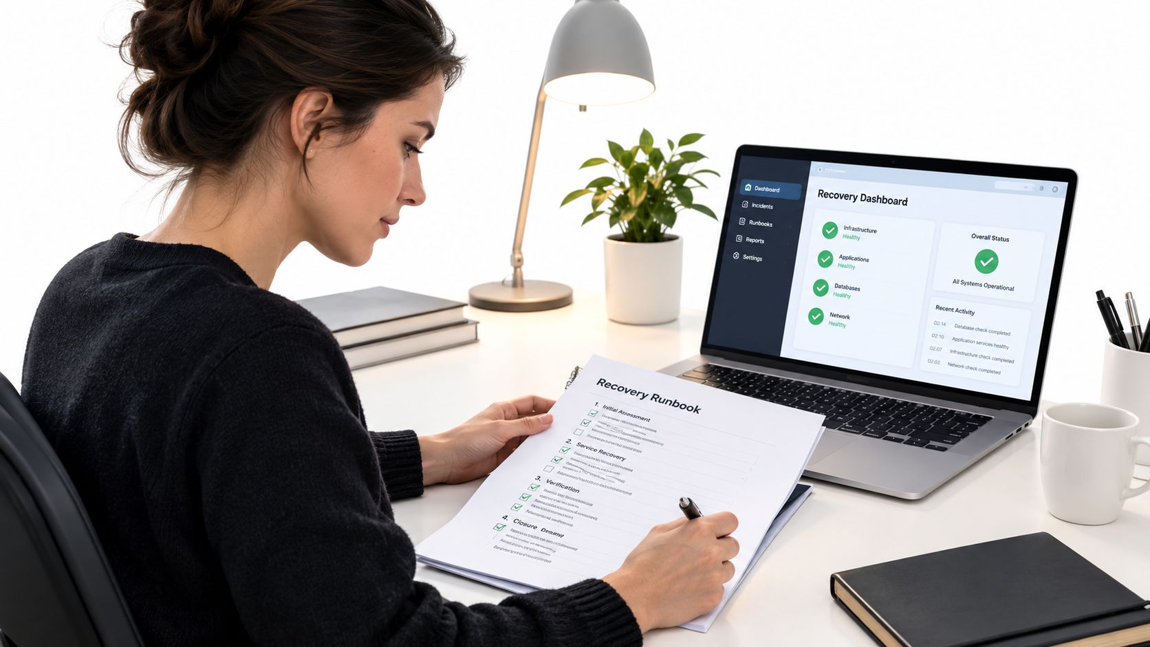 A professional woman reviews a recovery runbook document while monitoring system status on her laptop at a desk.