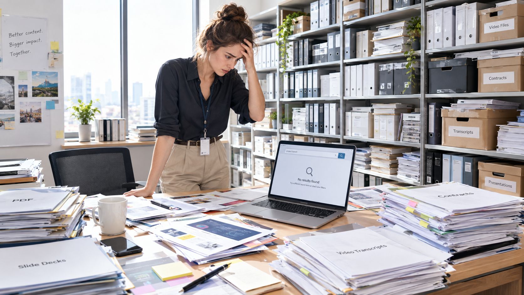 A stressed woman standing in a cluttered office searching unsuccessfully for files on her laptop computer.