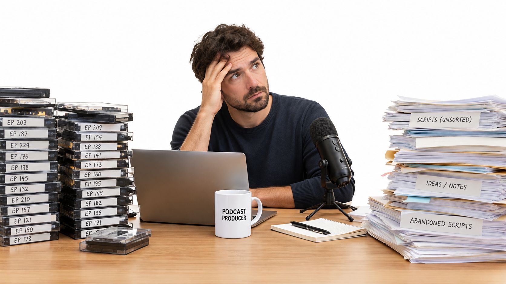 A podcast producer sits at a desk looking overwhelmed by stacks of cassette tapes and disorganized paperwork.