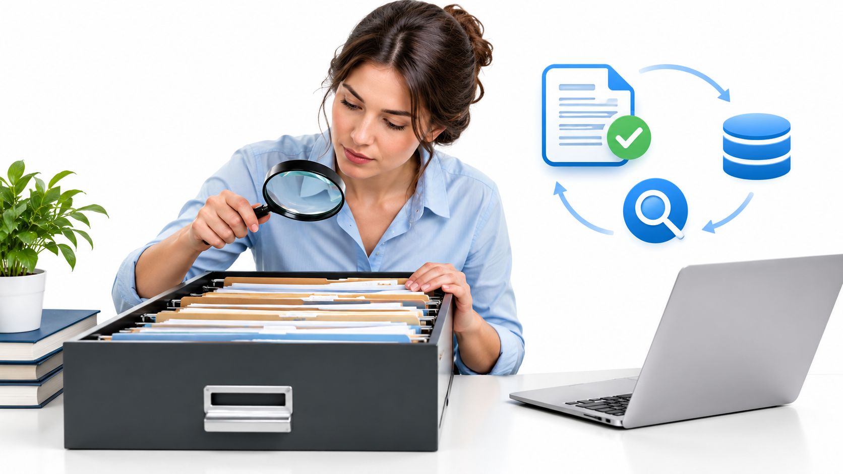 A woman examining physical paper documents in a filing cabinet with a magnifying glass near a laptop.