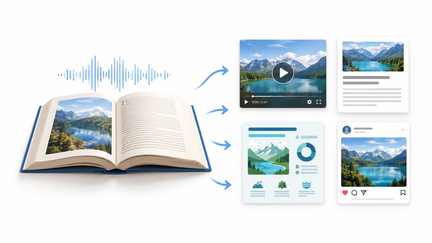 An open book with sound waves above it converting content into video, infographics, and social media posts.