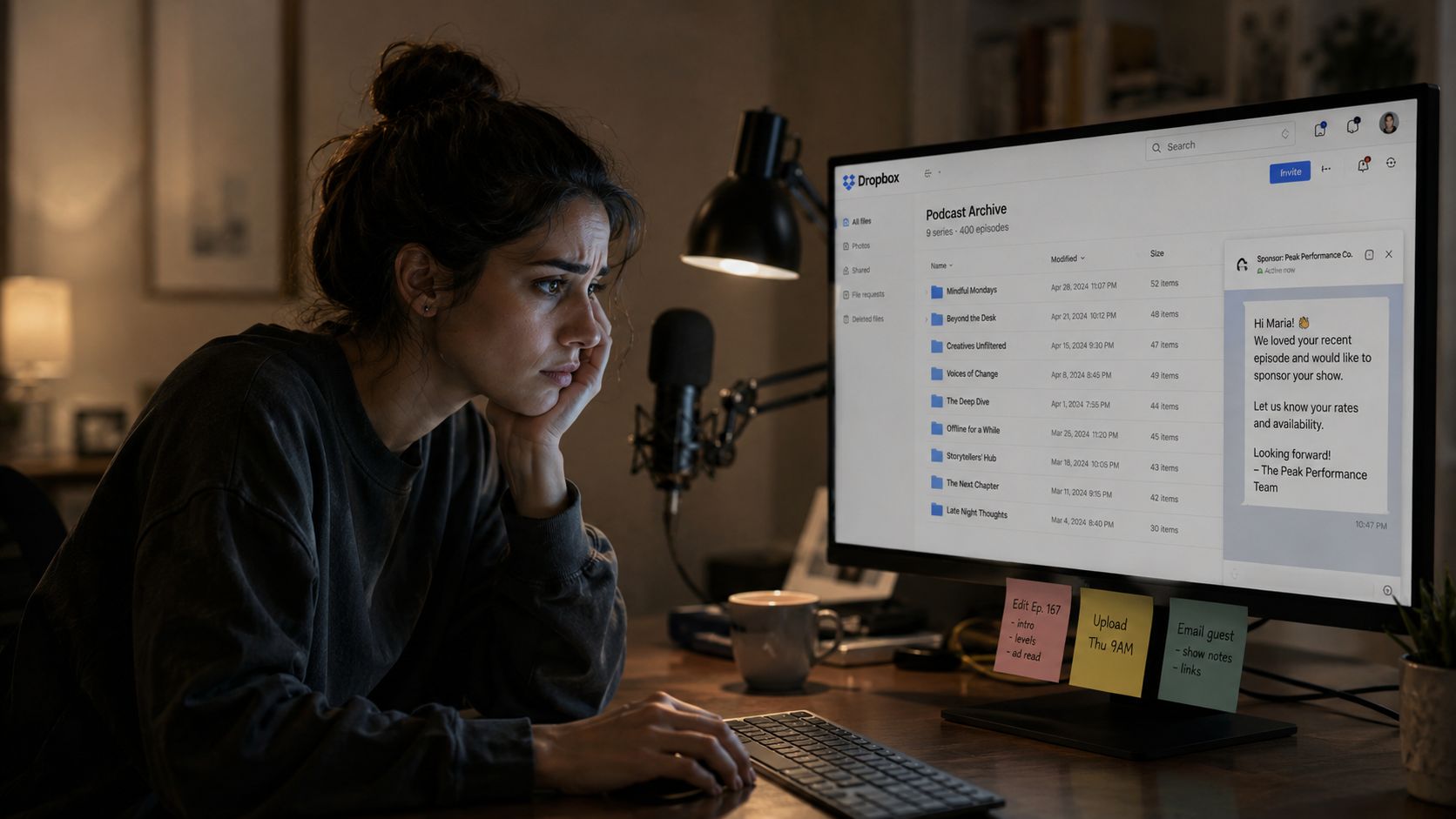 A focused woman reviewing podcast files on her computer in a dimly lit home workspace office.