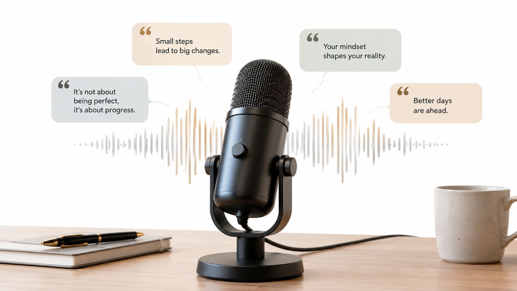 A professional microphone on a desk with inspirational quotes displayed in speech bubbles behind it.