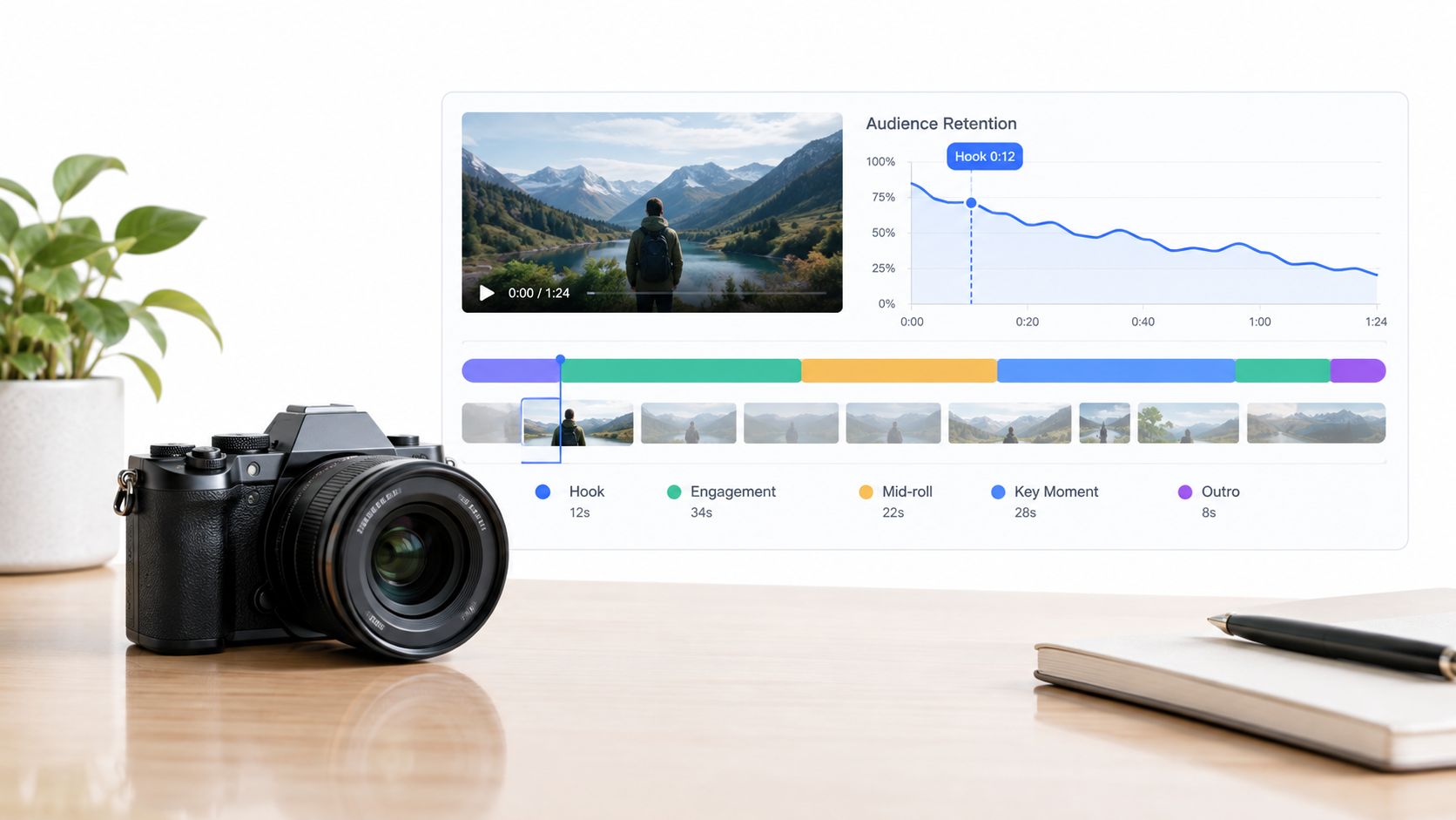A professional camera sits on a wooden desk next to a digital audience retention analytics dashboard overlay.