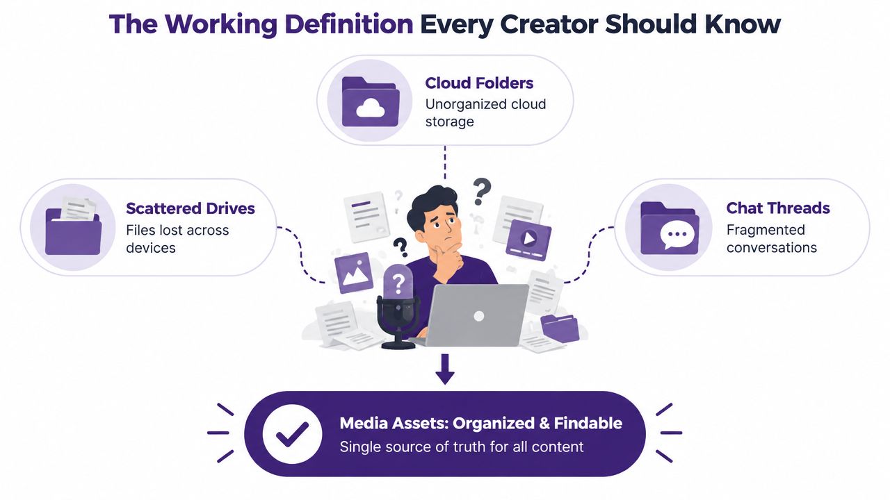 A creator looking confused surrounded by scattered files, cloud folders, and chat threads representing media asset disorganization.