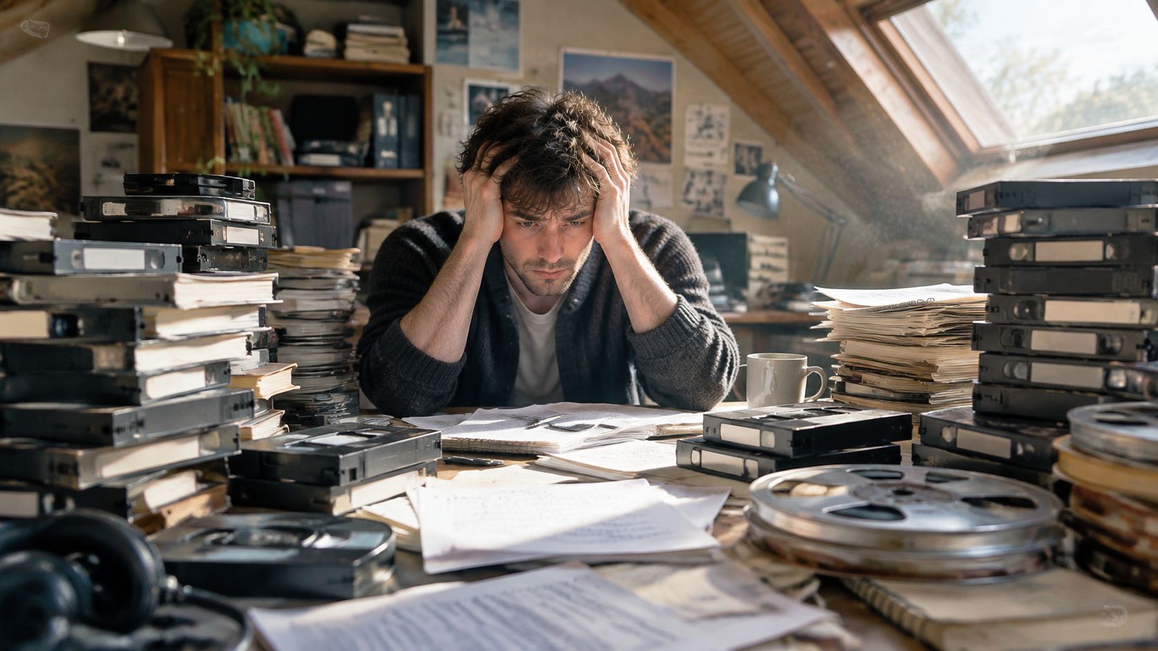 A stressed man sitting at a desk covered in stacks of vintage VHS tapes and film reels.