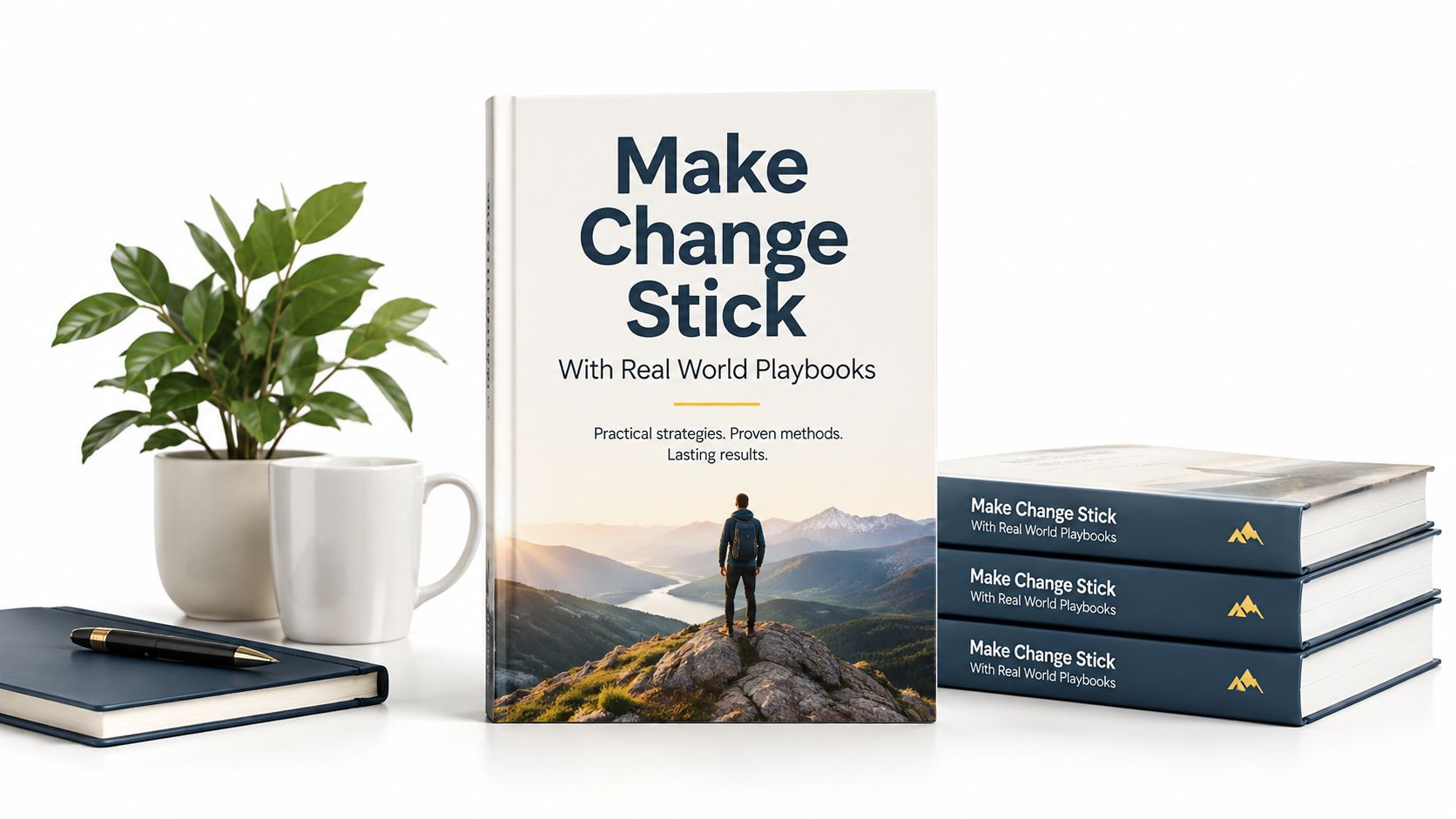 A professional book titled Make Change Stick displayed on a desk with a plant and notebook.