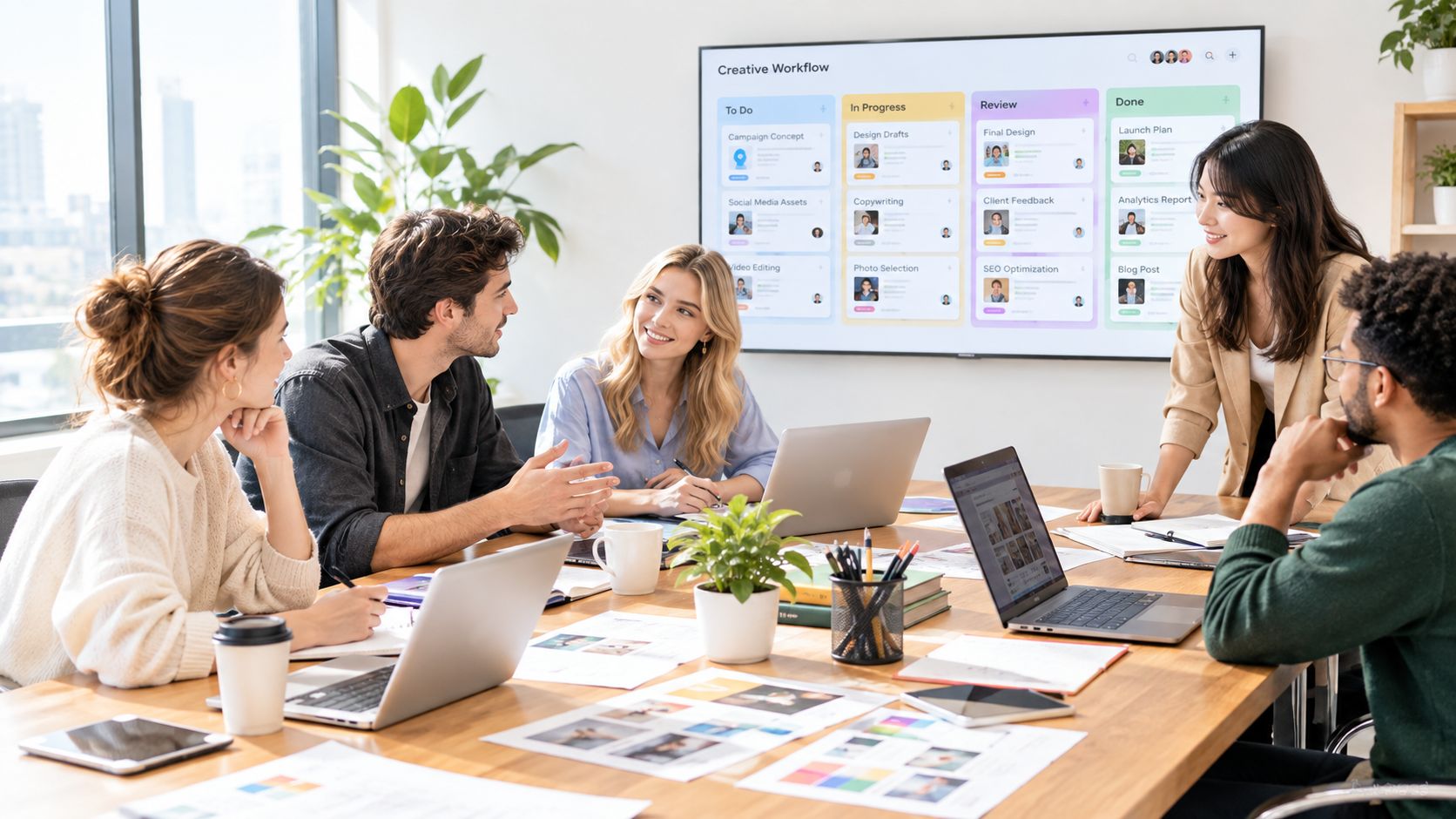 A professional team collaborates on a creative workflow project in a modern, sunlit office boardroom.