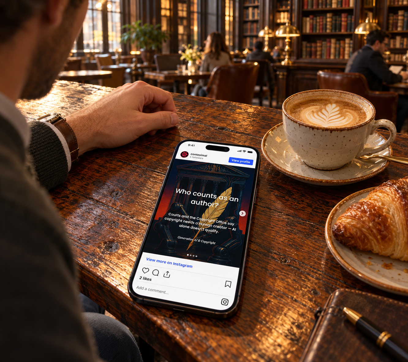 Library café phone, coffee, and croissant