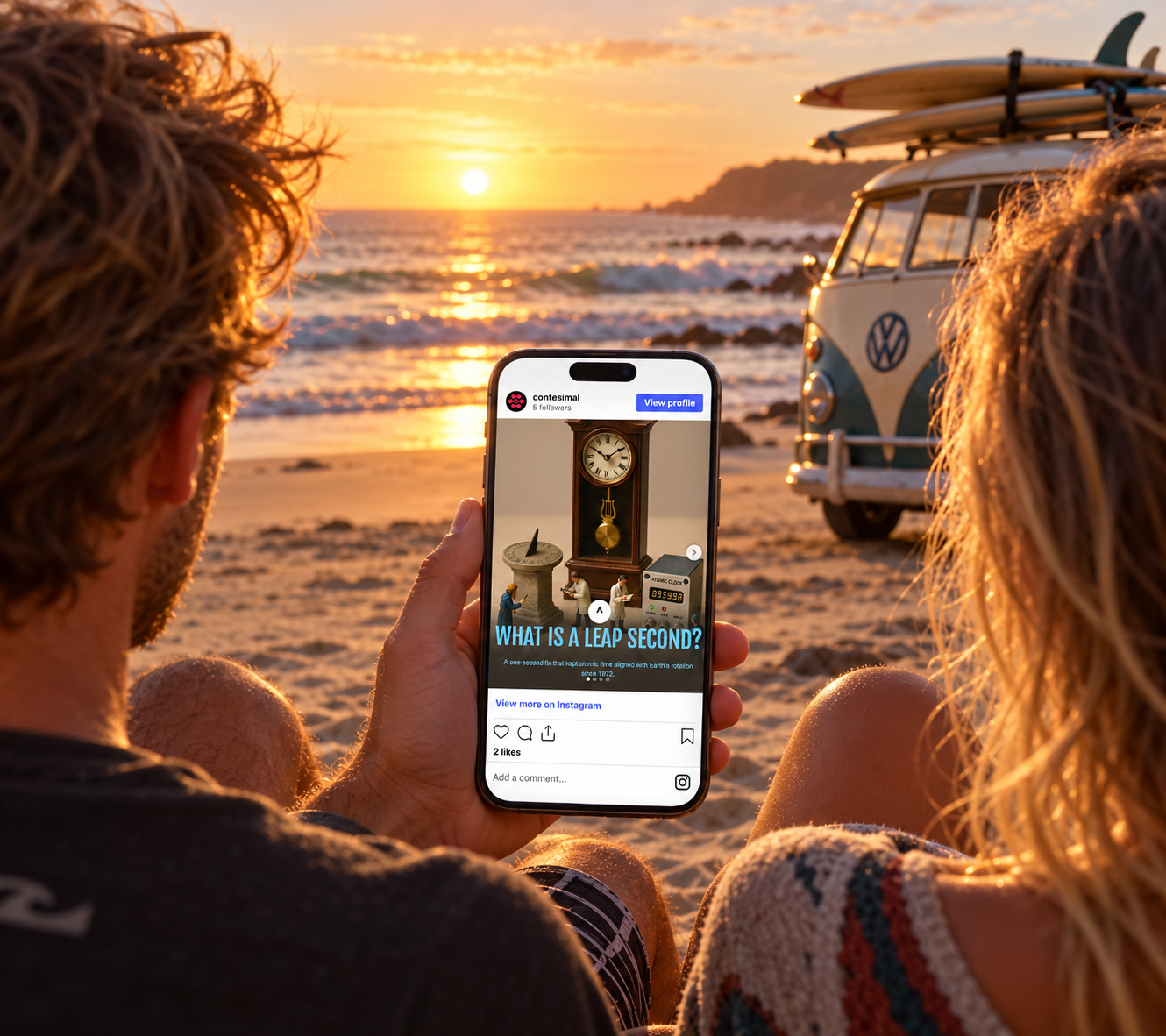 Sunset surfers share a phone