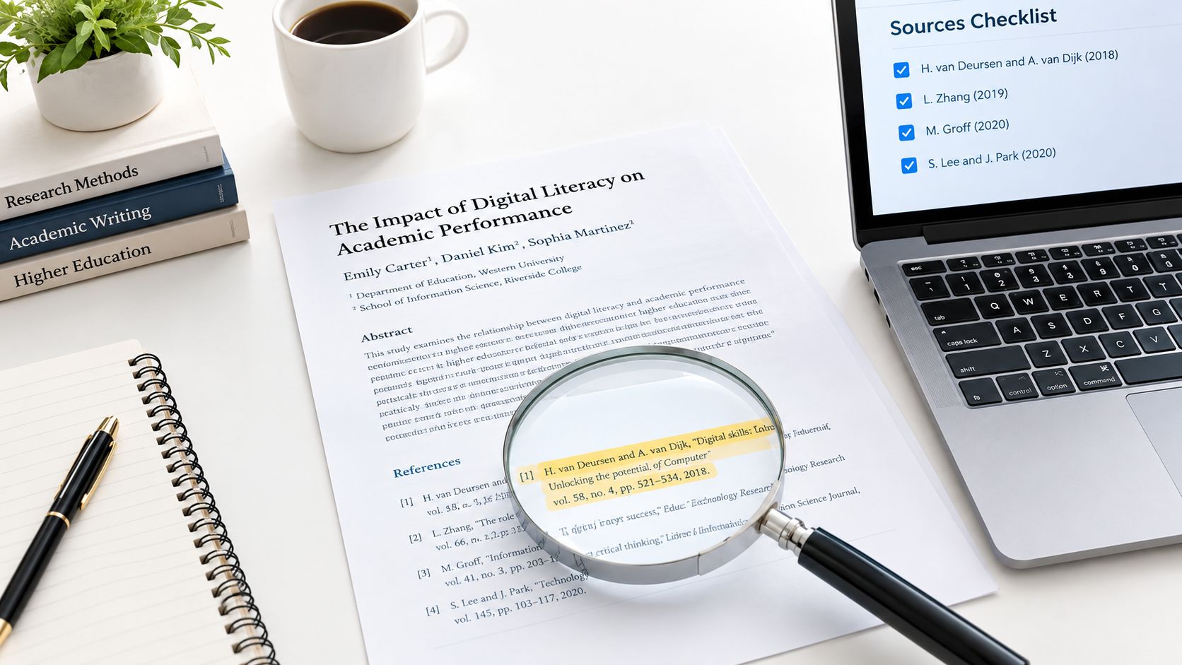 A magnifying glass focused on a research paper on a desk next to a laptop displaying sources.