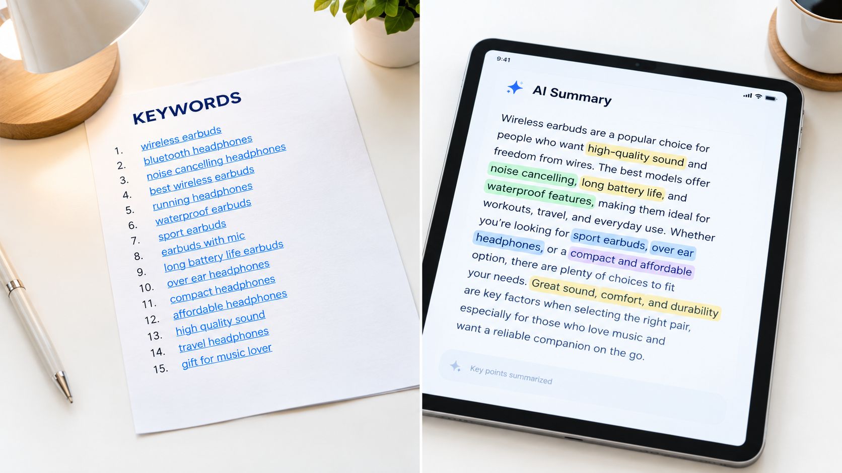 A document with a list of keywords next to a tablet displaying an AI-generated summary about headphones.