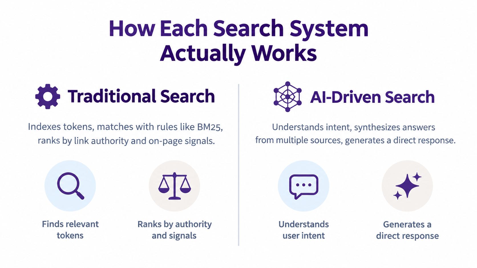 A comparison infographic showing how traditional search systems operate versus modern AI-driven search technologies.