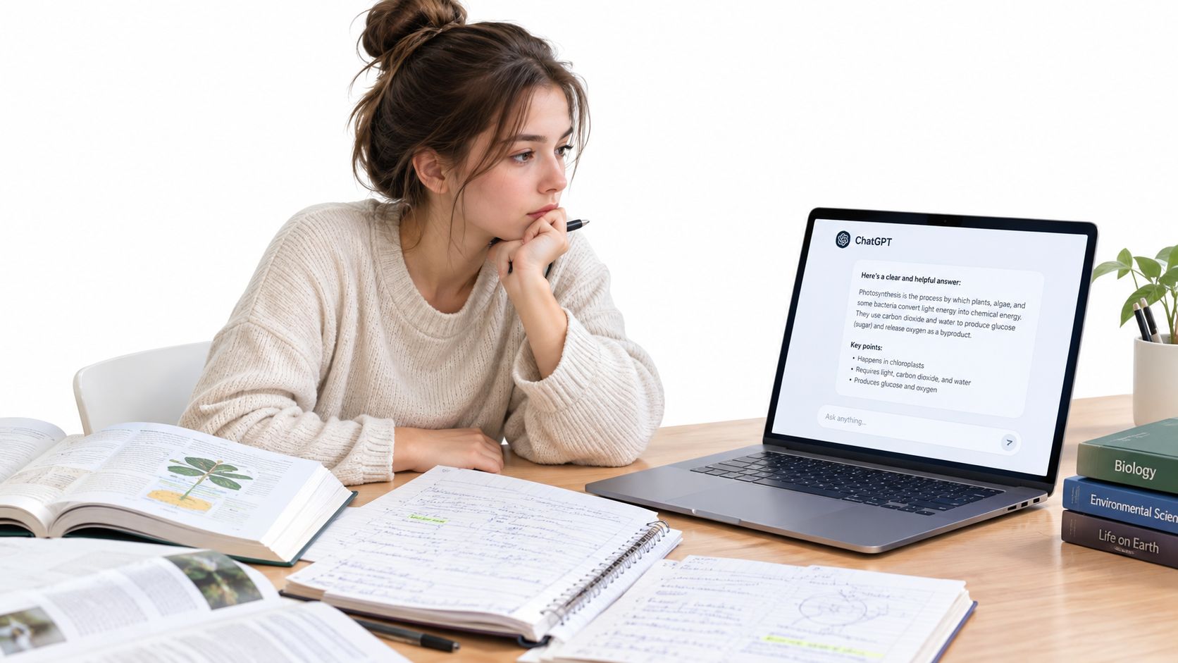 A focused student studying biology at her wooden desk with textbooks, handwritten notes, and an AI-powered laptop.