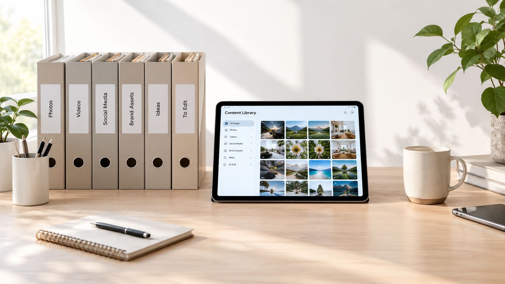 A minimalist office desk featuring a tablet, organized file folders, a notebook, and a potted plant.