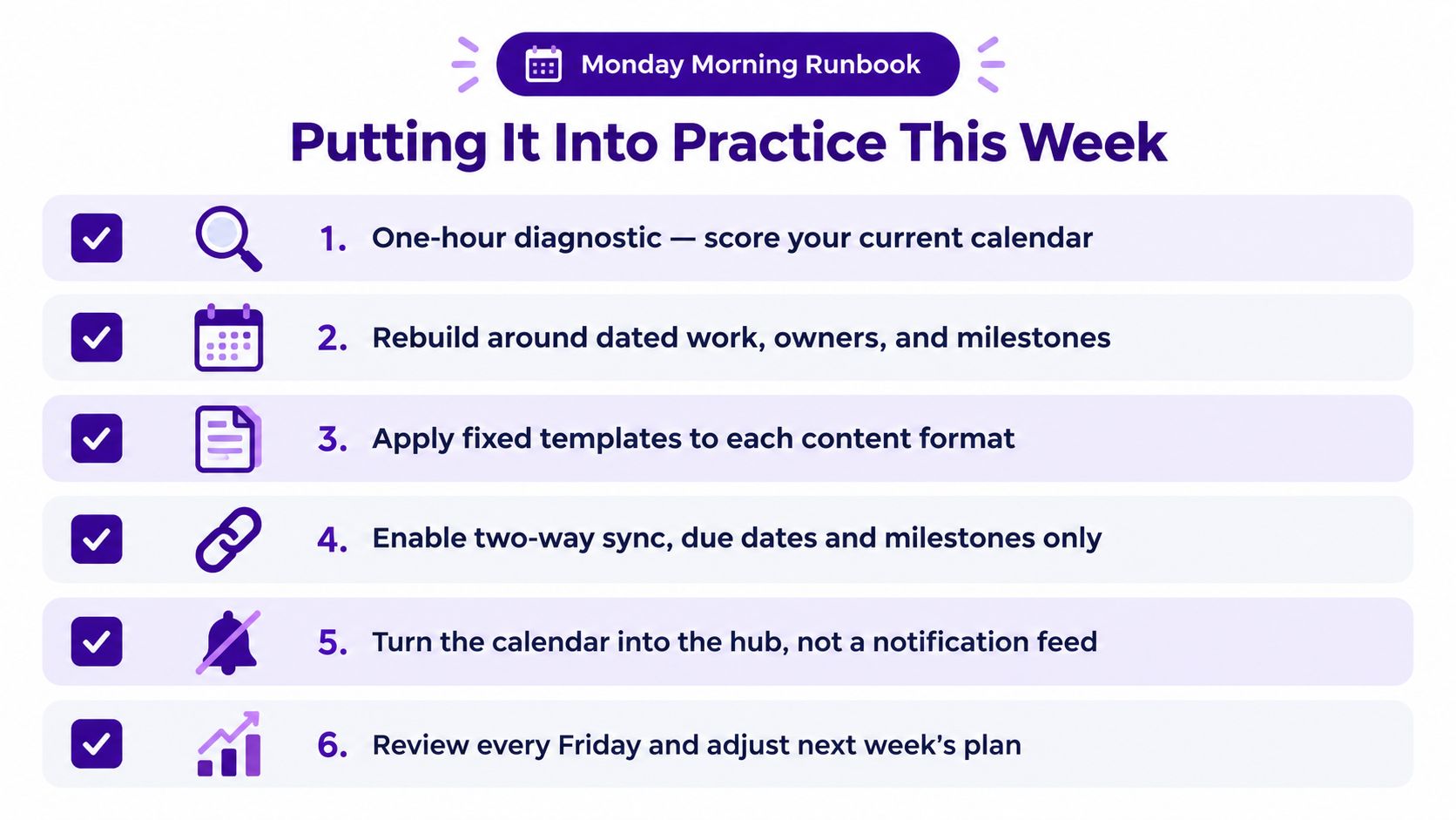 A checklist titled Monday Morning Runbook for improving project management and productivity through structured calendar planning.