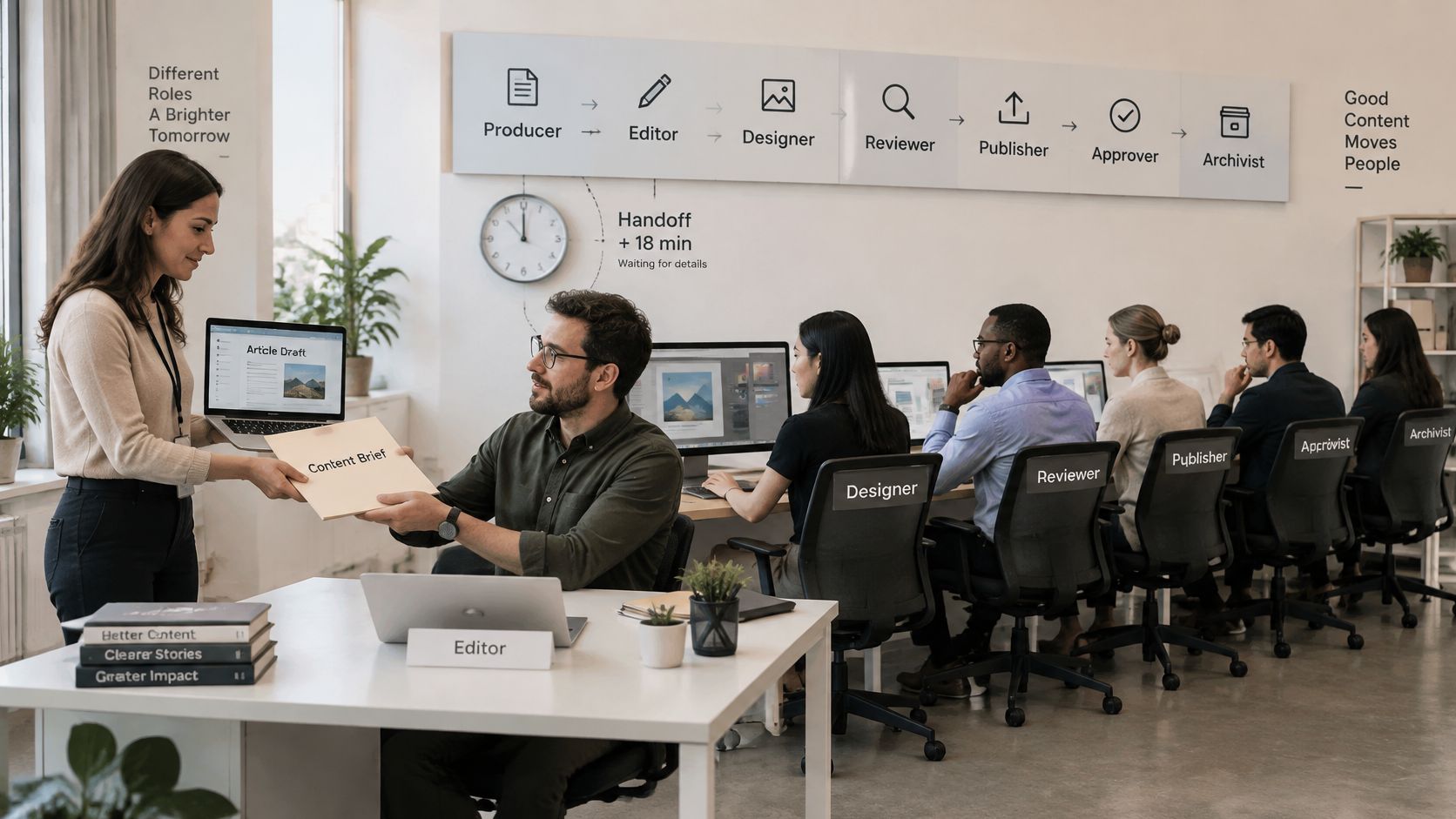 A professional team collaborating in an office while following a visual content workflow management process.