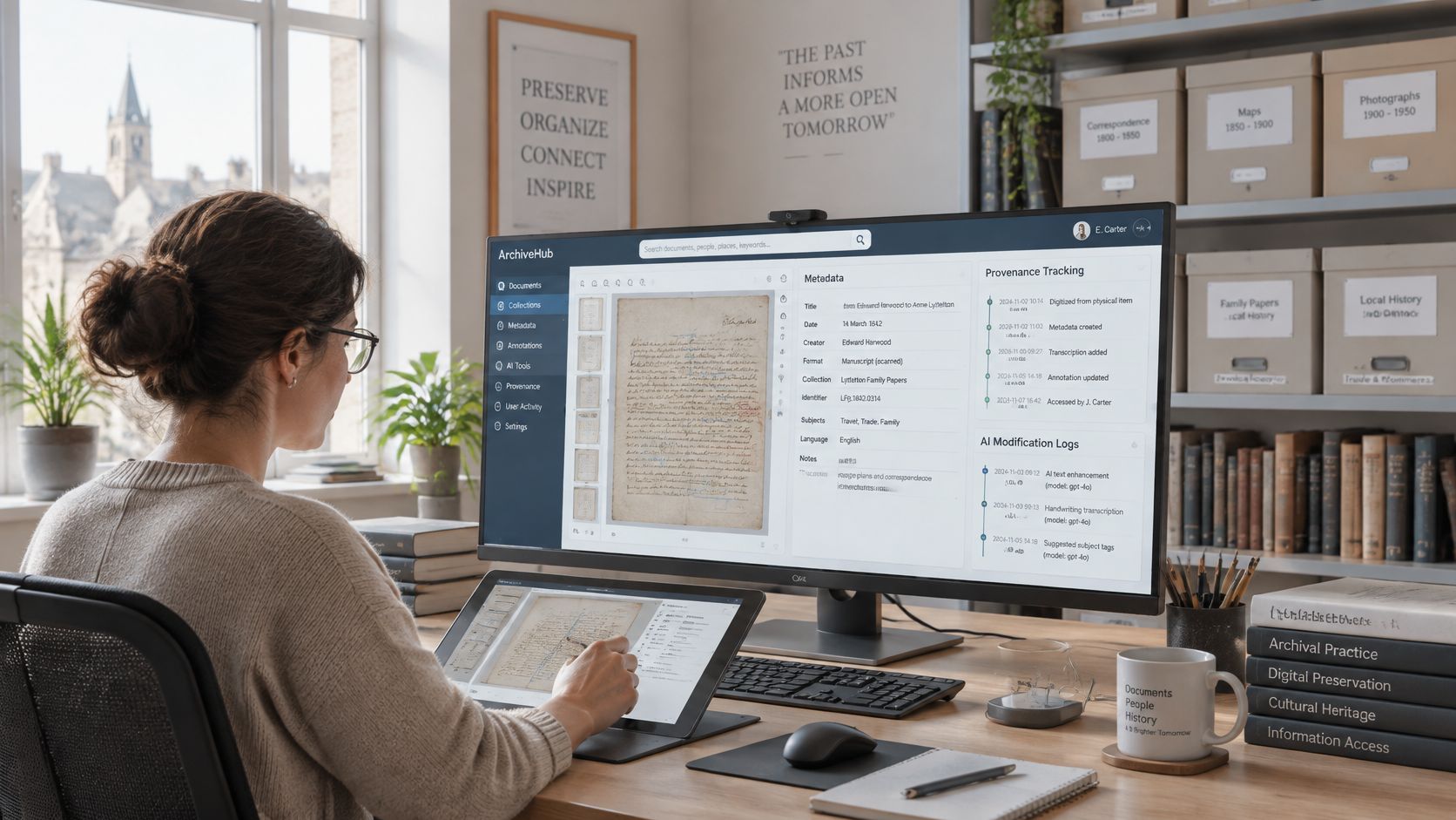 A woman working at a desk using a computer and tablet to digitize and classify historical documents.