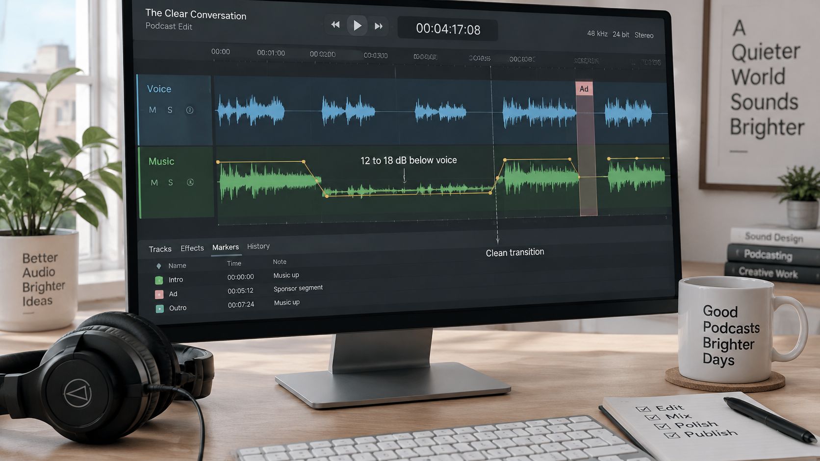 A modern computer screen displaying audio editing software for a podcast with professional mixing controls.
