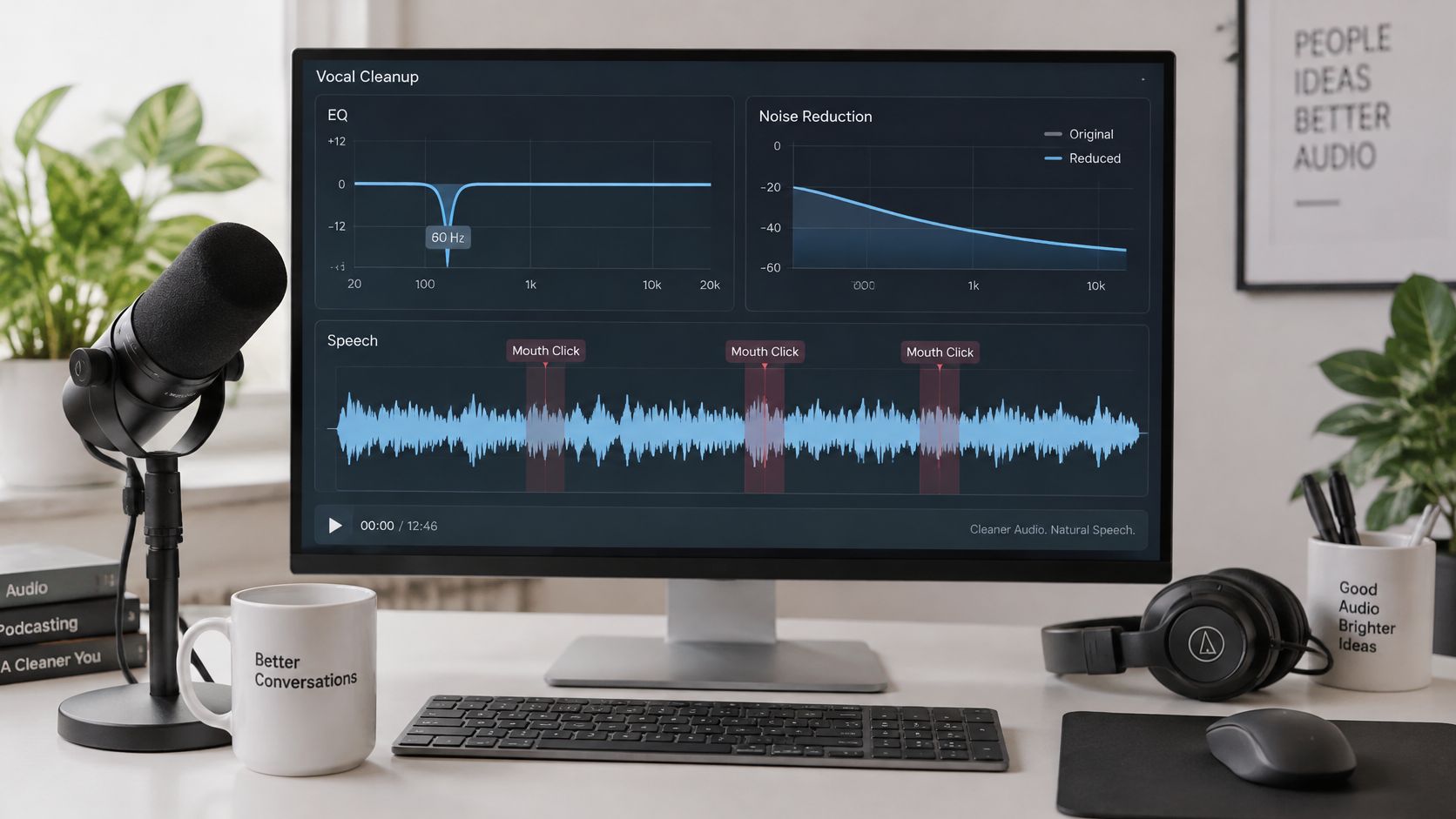 A professional home studio setup displaying audio editing software on a computer monitor with a podcast microphone.