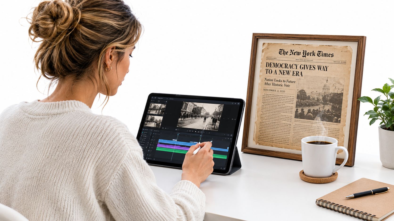 A woman using a tablet for video editing beside a framed vintage newspaper with historical headlines.